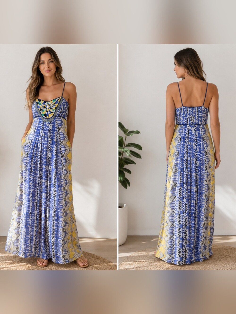 Ranna Gill Beaded Embellished Maxi Dress Blue Yellow Geometric Print Size Small